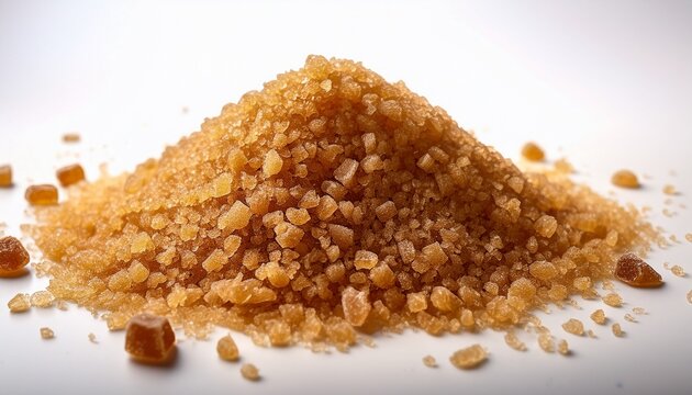brown sugar crumbles scattered on a white background for baking and dessert photography closeup texture