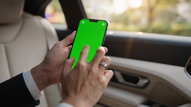 Man's hands holding smartphone with green screen in luxury car, tracking points