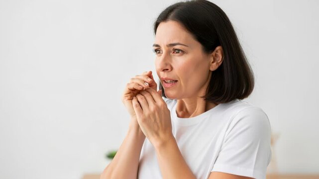 Anxious Woman Touching Face: A worried woman in a white t-shirt clutches her hands to her face, her eyes wide with concern and apprehension, conveying a sense of unease and anxiety.