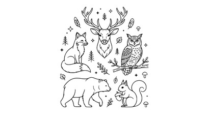 Fototapeta premium Mystical woodland creatures and forest wildlife animals line art vector bundle