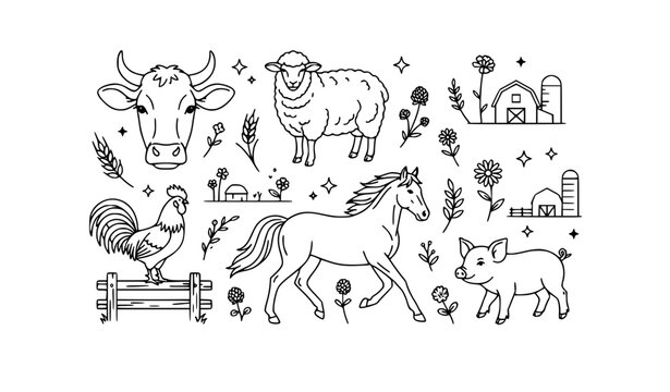 Farm animals collection and rural livestock line art vector bundle banner