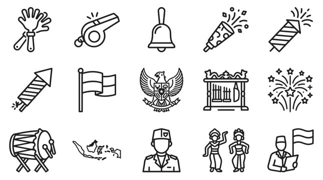 Indonesia Independence Day Icons: Flag, Garuda, Drum, Fireworks, Whistle, Map