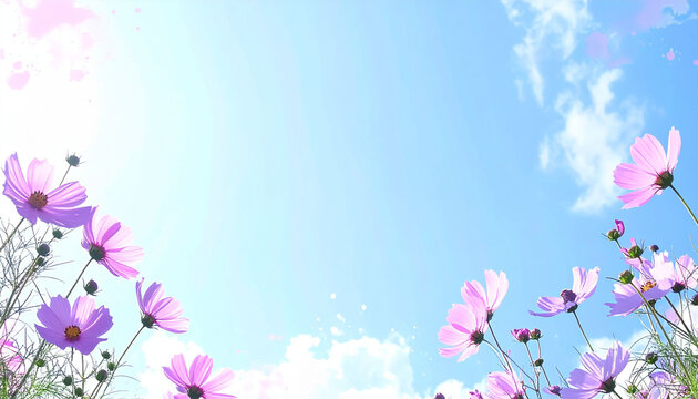 青空とピンクのコスモスの背景素材　文字入れ用のコピースペースがある秋の花畑のグラフィック　爽やかで明るい自然風景の壁紙　季節の挨拶状やポスターに活用できるおしゃれなフラワーデザインのフレーム　WebバナーやSNSの投稿画像に適した植物のイラスト調写真素材