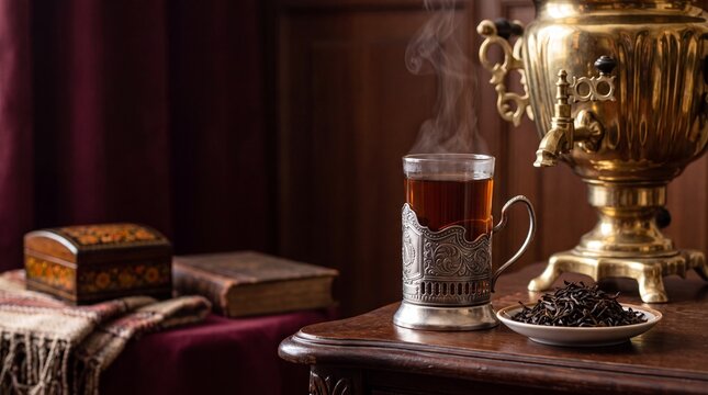 Traditional Russian tea in a vintage glass holder with steam rising, set beside a brass samovar and loose tea leaves on a wooden table
