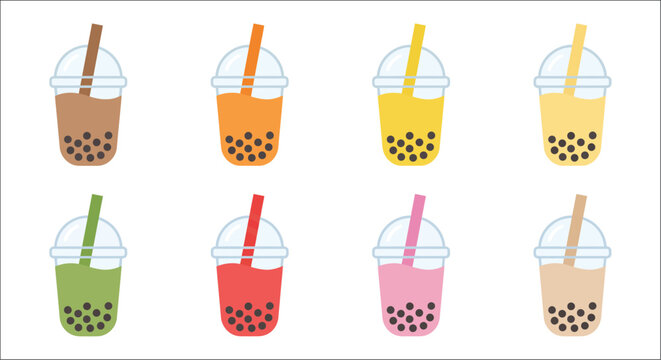 Assorted Bubble Tea Drinks Flat Vector Illustration On White Background beverage boba pearls tapioca plastic