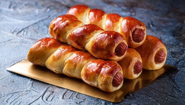 tasty sausage rolls arranged on a textured metal surface background