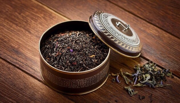 vintage tea tin with loose leaf tea on wooden surface