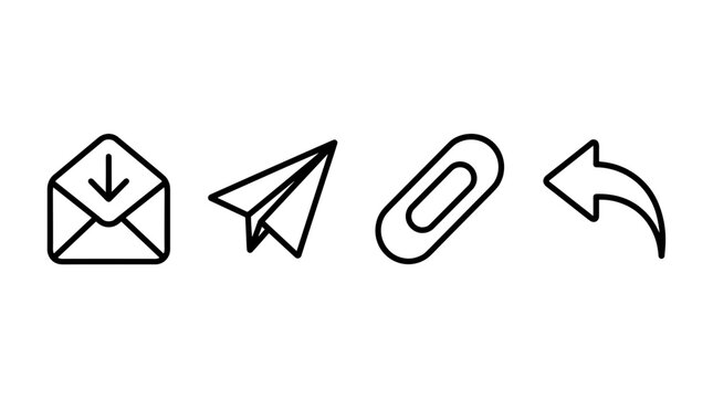 Set of four simple line icons representing communication and sharing actions email paper airplane link and reply arrow