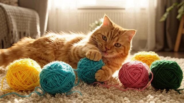Orange cat playing with colorful yarn balls on a fluffy carpet indoors