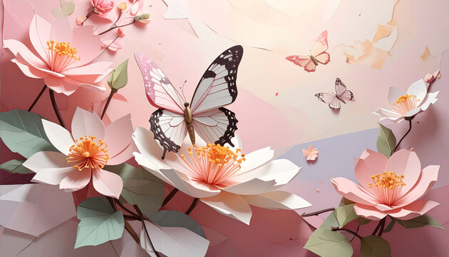 Paper flowers butterflies illustration