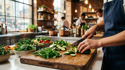 Obraz premium Hands of a chef cutting fresh green vegetables on wooden board. Bright clean kitchen, minimalist counter, raw organic food, healthy meal preparation, cooking concept, crisp details, soft overhead 