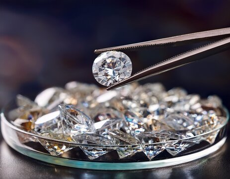 tweezers holding brilliant cut diamond above pile of gems in clear dish