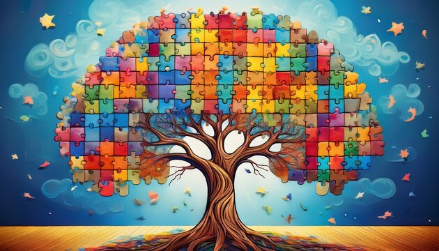 vibrant tree composed of puzzle pieces represents neurodiversity and autism awareness promoting acceptance and understanding