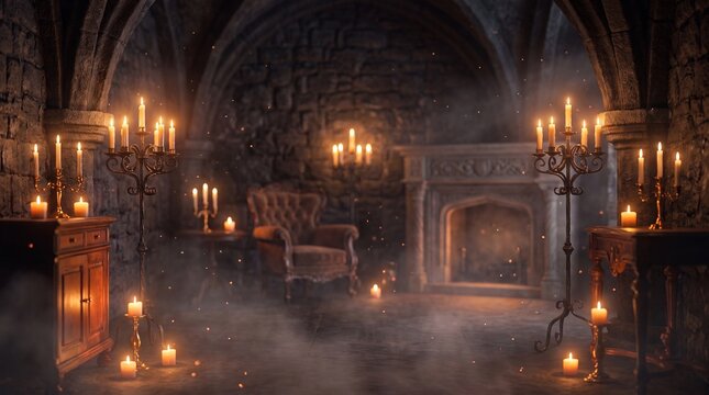 Creepy dark gothic living room covered in thick mist and lit by glowing candles