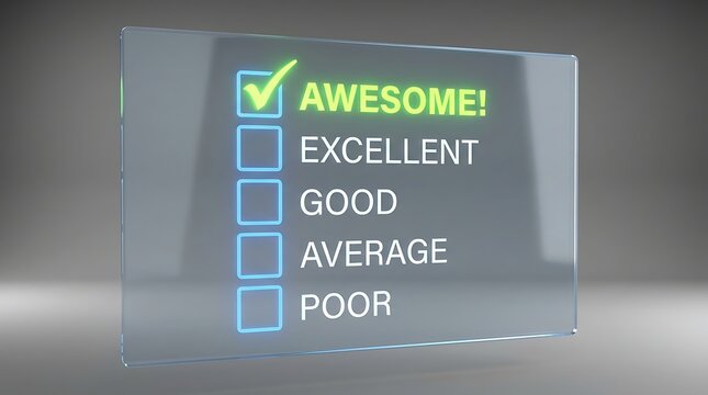 A glass checklist interface with a green checkmark selected on the awesome option row.