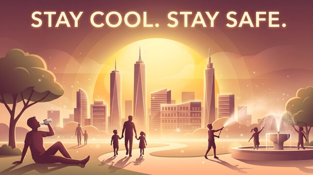 Urban heatwave safety poster showing city park residents staying cool with hydration and water fountain during extreme summer temperature