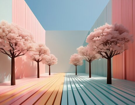 blooming trees stand beside minimalist geometric structures on a vibrant floor featuring long stripes of pastel colors