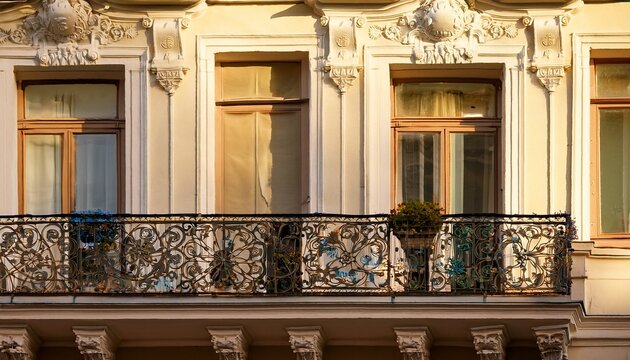 ornate balcony railing with decorative plasterwork and elegant windows on building exterior