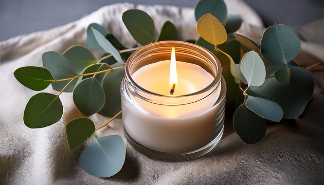 glowing scented candle in a glass holder placed beside fresh green eucalyptus leaves on soft fabric