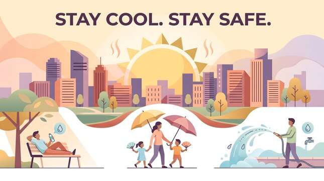 Heatwave safety infographic presenting practical cooling tips including hydration sunshade and water usage for urban climate emergencies