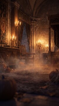 Vertical mysterious abandoned castle room filled with thick mist and warm flickering candlelight