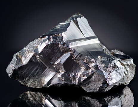 single piece of metallic chrome ore showing sharp crystalline facets and a reflective polished grey silver surface