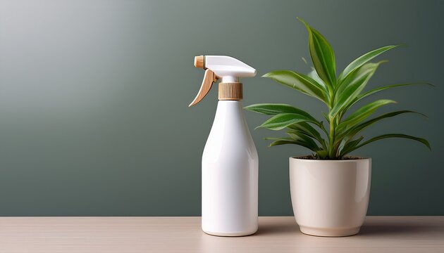 white spray bottle with wooden nozzle stands beside a potted green houseplant on a plain surface