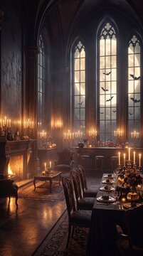 Vertical view of grand gothic dining hall illuminated by warm candles at night