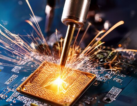 close up of sparks from soldering on circuit board with microchip