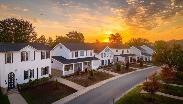 modern white farmhouse style homes stand beautifully along a quiet suburban street during a golden morning sunrise scene