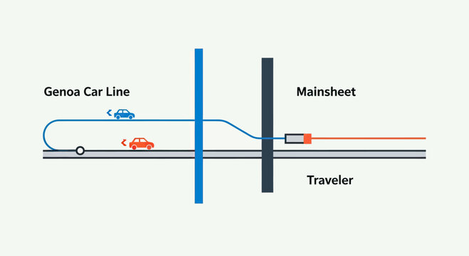 Sailboat deck schematic with control lines and layout.
