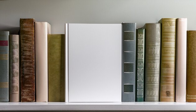 blank white book stands on shelf between other books minimalist interior design concept