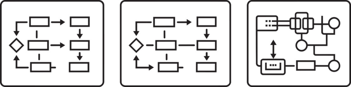 Collection of process flow chart diagrams and logic decision tree structures in vector format showing workflow organization steps connectivity and business system architecture layout design.