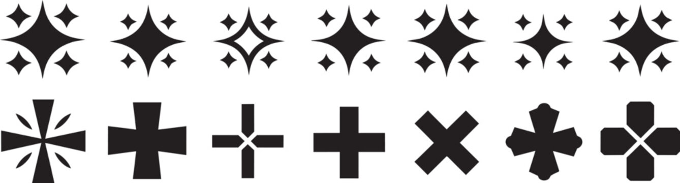 Set of sparkling stars and cross shape vector icons for decoration or graphic embellishment including four point stars and basic geometric cross markers suitable for design projects.