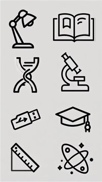 Animated minimalist black line icons of education and science symbols in a grid on clean white background, showcasing learning concepts