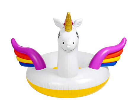 Inflatable unicorn floaty toy with colorful rainbow wings and a golden horn isolated for summer pool party leisure activities shown&nbsp;