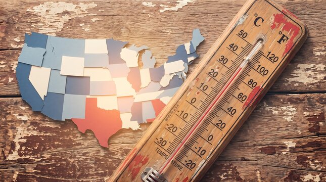 USA Map with Thermometer on Wooden Background Illustrating National Heatwave and Extreme Weather Temperature Monitoring