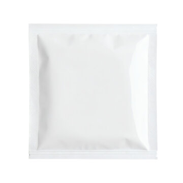Blank white sachet package for food or cosmetic product mockup showing a square plastic foil pouch with sealed edges&nbsp;