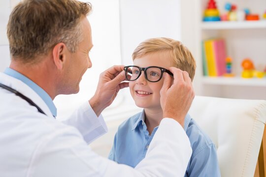 An optometrist fits glasses on a smiling young boy during an eye examination in his medical office.