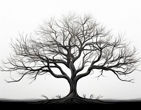 single leafless tree silhouette with intricate bare branches on a stark white background conveying quiet solitude and minimalist stillness
