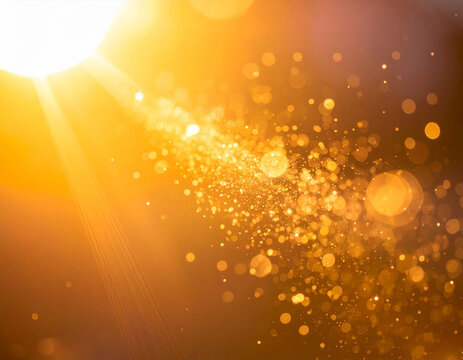 輝く光の粒が舞う幻想的なオレンジ色の背景　温かみのあるボケ味とレンズフレアが美しい抽象イメージ　Webサイトのヘッダーやバナーデザインに活用できるコピースペース付きの高品質な光の演出素材