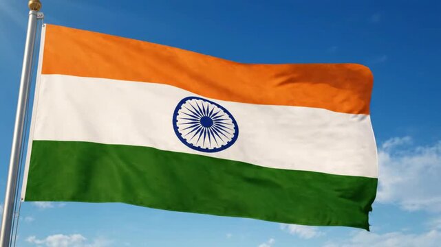 Waving Indian Flag Against Blue Sky - National Symbol of India