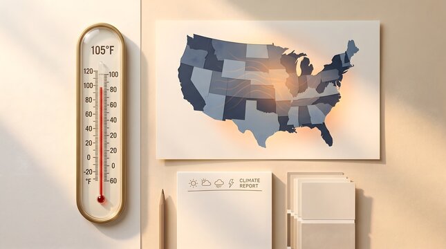 Heatwave warning concept with thermometer and USA map illustrating rising temperatures and climate change data reporting