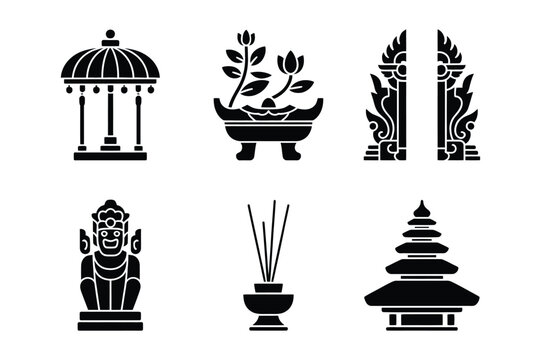 Traditional balinese cultural elements and indonesian temple architectural icons