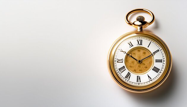 gold pocket watch realistic style soft studio lighting white background positioned on the right left side empty for text mid shot framing