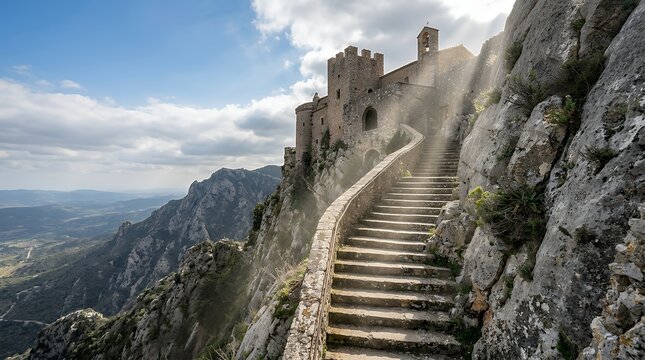 Winding rock staircase with a recurring step design illuminated by gentle sunbeams outside an ancient mountainside abbey structure  staircase steps pattern repeating stone curved warm