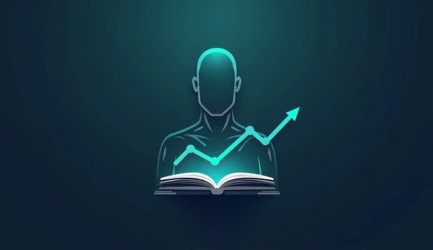 Glowing Human Silhouette with Open Book and Rising Financial Chart