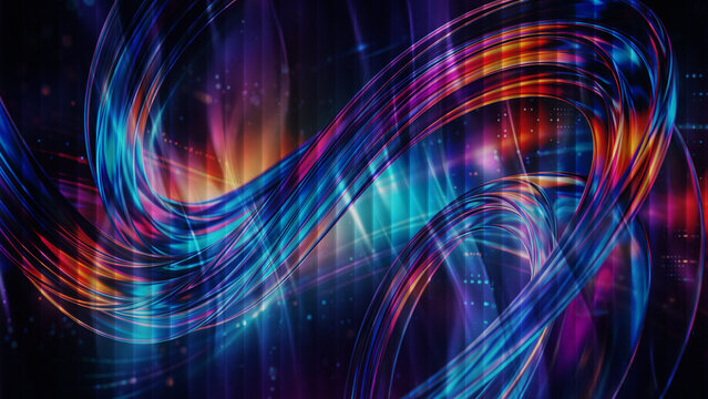 Abstract 3D glowing neon liquid ribbon and colorful light trails over dark vertical ribbed glass texture