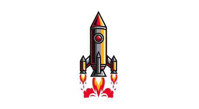 Retro rocket ship launching with flames