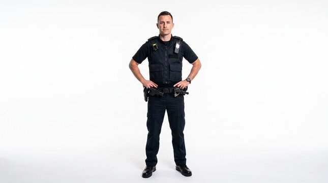 A confident male police officer stands with hands on hips wearing a tactical vest and utility belt with equipment